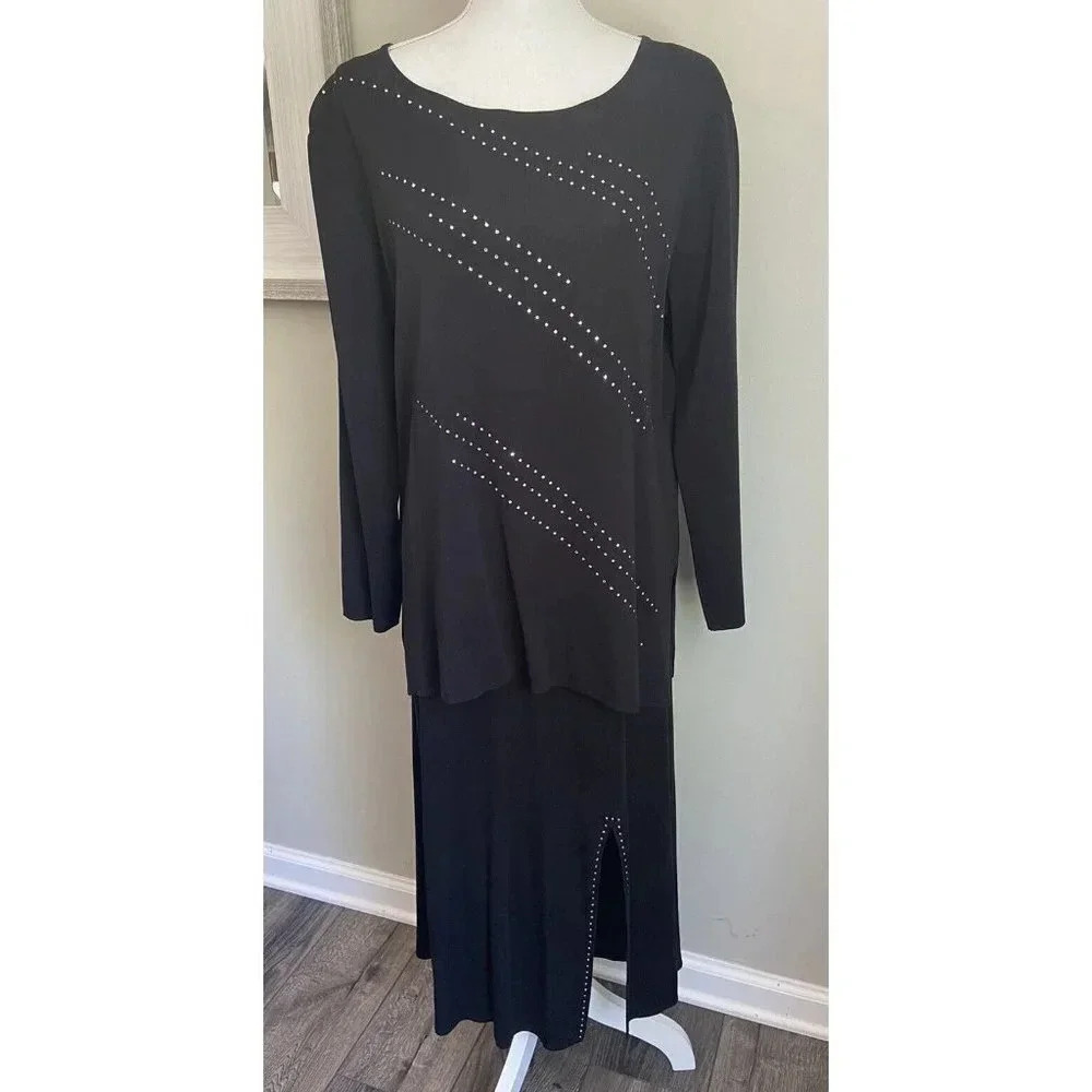 Exclusively Misook 2 Piece Knit Skirt Shirt Black Silver M L